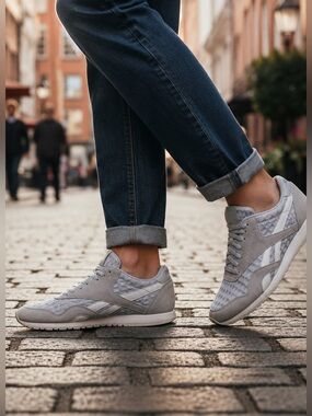 Reebok Classic Quilted Retro Sneakers Women’s 8 Grey Blue Suede Athleisure